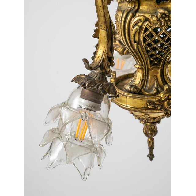 Art Nouveau Bronze Chandelier with Glass Shades, 1898 For Sale - Image 10 of 18