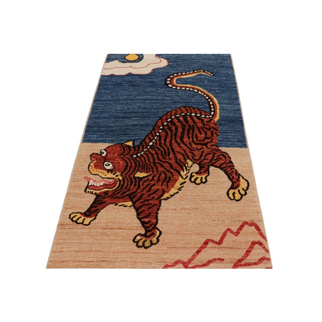 2010s Rug & Kilim’s Contemporary Tiger Pictorial Rug in Beige, Blue and Red Tones For Sale - Image 5 of 7