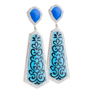 Miriam Salat Blue Filagree Resin and Sterling Silver Earrings With White Topaz For Sale