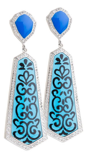 Miriam Salat Blue Filagree Resin and Sterling Silver Earrings With White Topaz