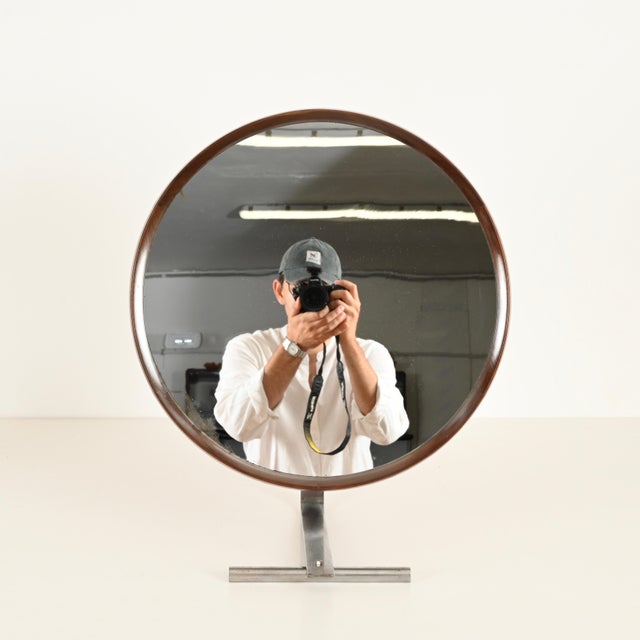 Gold Large Italian Adjustable Table Mirror in Teak and Steel by Osvaldo Borsani for Tecno, 1960s For Sale - Image 8 of 15