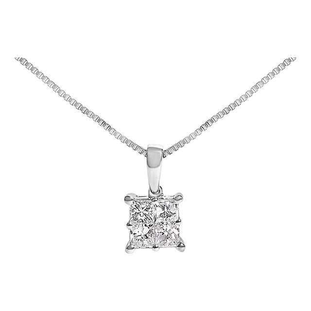 Sterling Silver 1/2 Cttw Princess-Cut Diamond 4 Stone Pendant Necklace For Sale