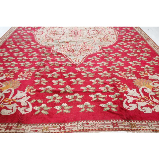 Beige Authentic Turkish Ghiordes Red Rug For Sale - Image 8 of 8