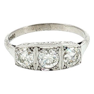 Early 20th Century Art Deco Platinum 3 Old European Cut Diamond Ring, Size 7.5 For Sale