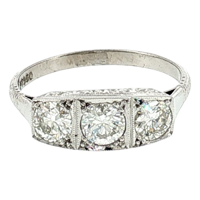 Early 20th Century Art Deco Platinum 3 Old European Cut Diamond Ring, Size 7.5 For Sale