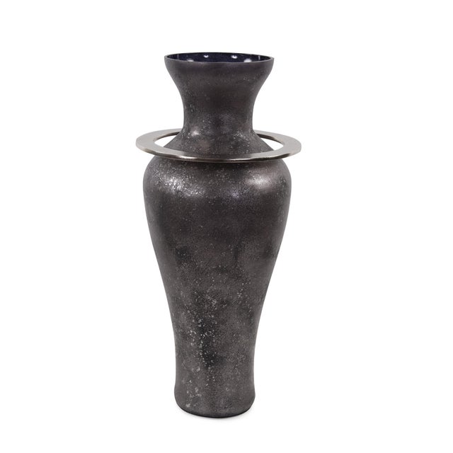 Black Ore Glass Vase with metal accent- Medium For Sale In Chicago - Image 6 of 11