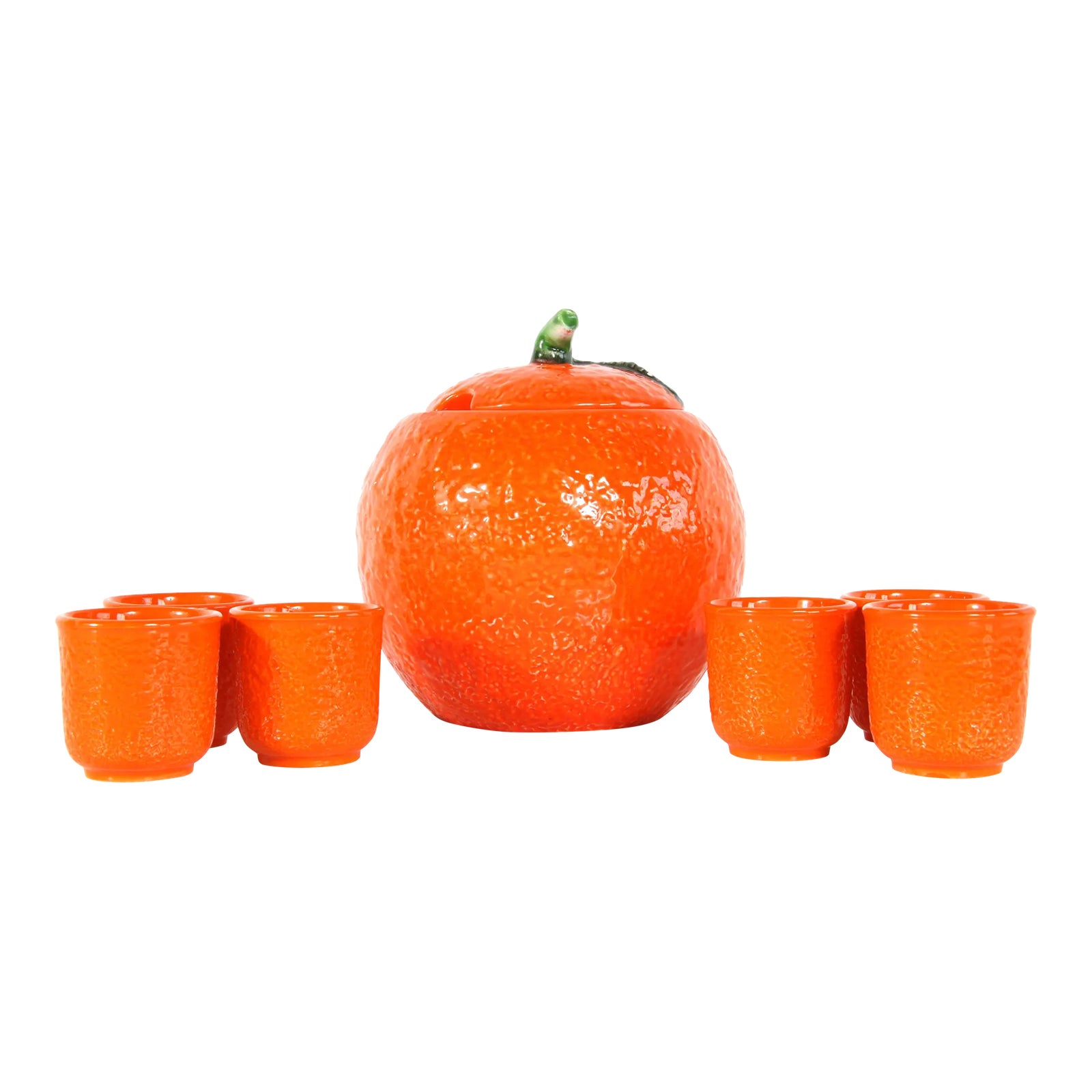 Vintage Italian Majolica Figural Orange Punch Bowl & 6 Glasses - Set of 7