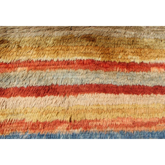 Mid 20th Century Vintage Turkish Angora Tulu Rug With Stripe Design in Yellow, Green, Red & Blue For Sale In Atlanta - Image 6 of 12