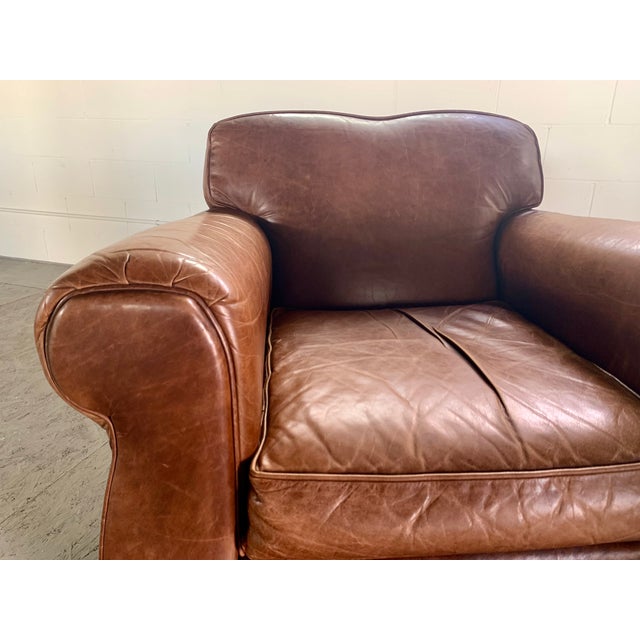 Mid-Century Modern Pair of Leather Club Chairs, French Art Deco-Style, Classic Distressed Brown Leather, "Mustache" Back For Sale - Image 3 of 13