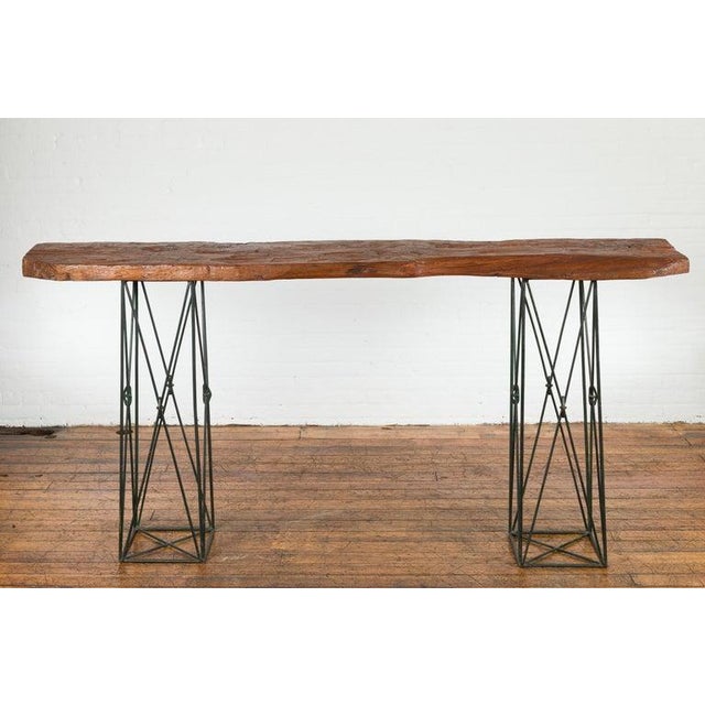 Contemporary Console Table with Reclaimed Wood Top & Metal Bases For Sale - Image 4 of 12
