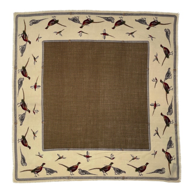 1980s Ralph Lauren Houndstooth Belting and Pheasant Wool Challis Scarf - For Sale