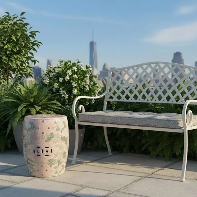 1990s Pink & Green Floral Hand-Painted Ceramic Garden Stool/Side Table For Sale - Image 4 of 4