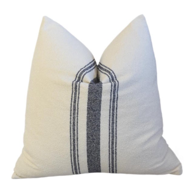 Dark Navy Blue Striped Grain Sack Fabric Feather/Down Pillow For Sale - Image 4 of 5