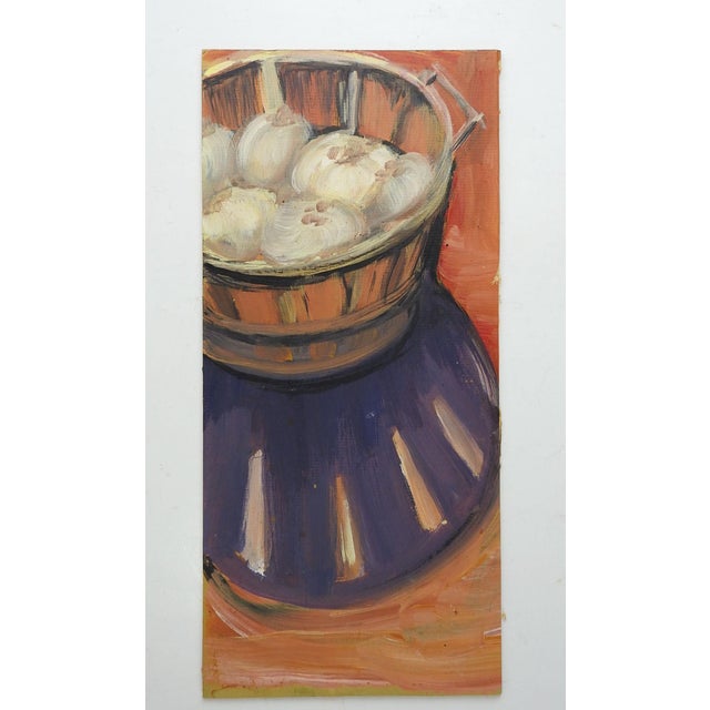 Late 20th century acrylic on mat board still life painting of onions in a basket. Unsigned. Unframed.
