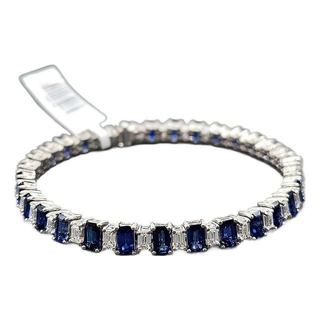 13.73 Ct Natural Emerald-Cut Sapphire & Diamond Tennis Bracelet For Sale