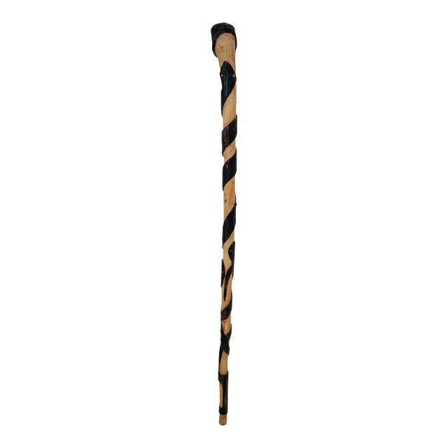 Vintage Hand-Carved Snake Walking Cane in Wood With Black Spiral Folk Art Design For Sale