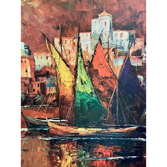 Mid-Century Modern 1960s Harry Winkler “CasaBlanca” Morocco MCM Print 0f Painting With Wooden Frame Urban Seaport Landscape For Sale - Image 3 of 9