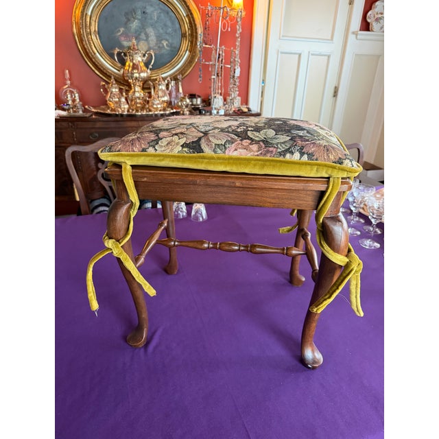 Vintage Walnut Cane Seat Cabriole Leg Spindle Stretcher Piano Bench With Cushion For Sale - Image 11 of 12