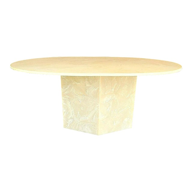 Vintage Mid Century Modern Solid Resin Faux Marble Oval Pedestal Dining Table For Sale