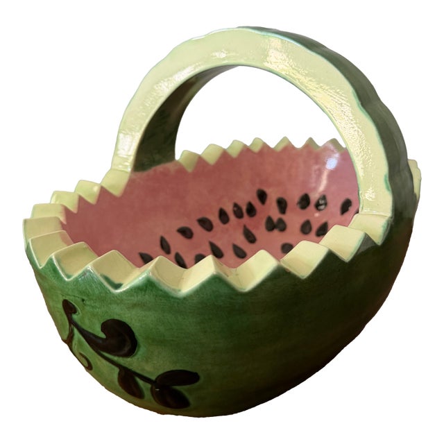 Vintage Ceramic Watermelon Basket Serving Bowl With Handle | Hand-Painted Mid-Century Summer Entertaining Fruit Basket For Sale