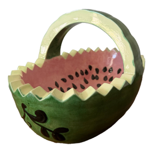 Vintage Ceramic Watermelon Basket Serving Bowl With Handle | Hand-Painted Mid-Century Summer Entertaining Fruit Basket