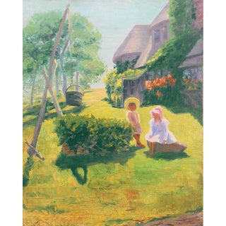 'Summer Days', American School (20th Century), Idyllic American Landscape, Children, Arts & Crafts Architecture For Sale