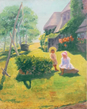 'Summer Days', American School (20th Century), Idyllic American Landscape, Children, Arts & Crafts Architecture