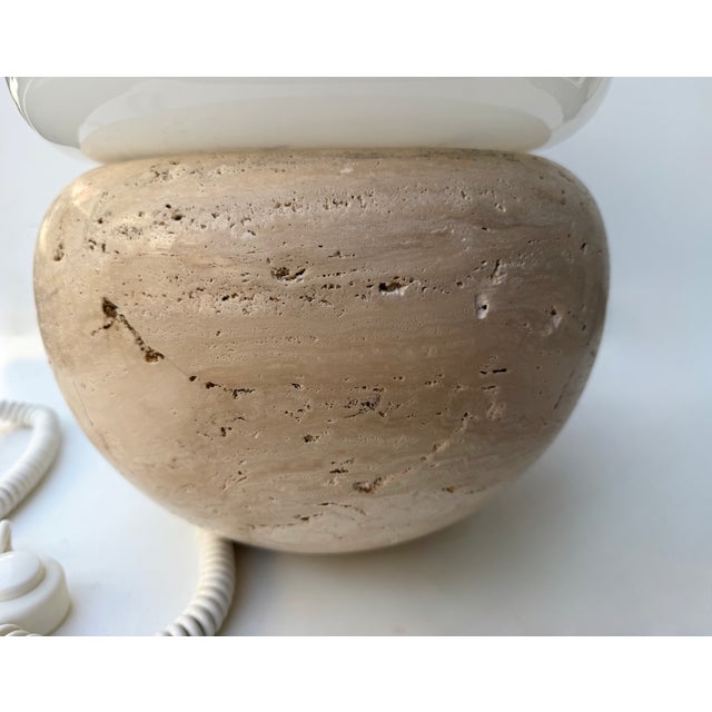 Pair of Travertine and Opaline Glass Culbuto Lamps Italy, 1980s For Sale - Image 10 of 14