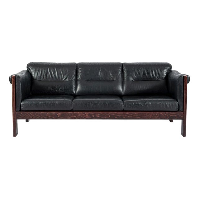 Mid Century Danish Black Leather Sofa in Style of Arne Norell For Sale
