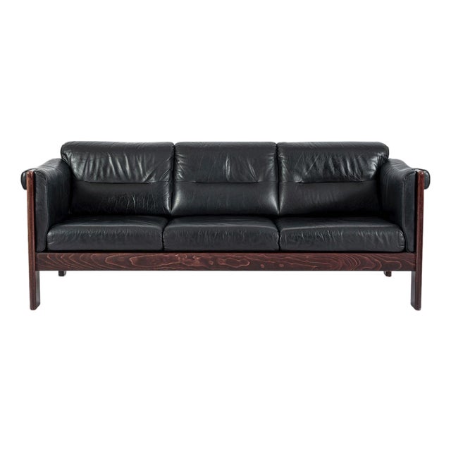 Mid Century Danish Black Leather Sofa in Style of Arne Norell, Matching Chair Avail For Sale