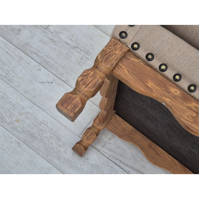 1970s, Danish armchair. Beige furniture wool fabric, oak wood, and springs in the seat cushion. Original very good...