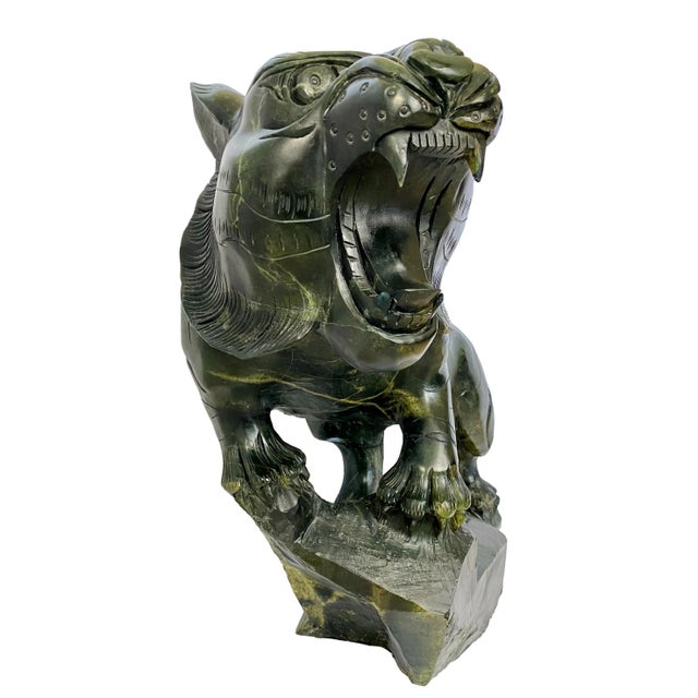Mid-Century Modern Monumental Chinese Carved Green Nephrite Jade Tiger, Circa 1970s For Sale - Image 3 of 12