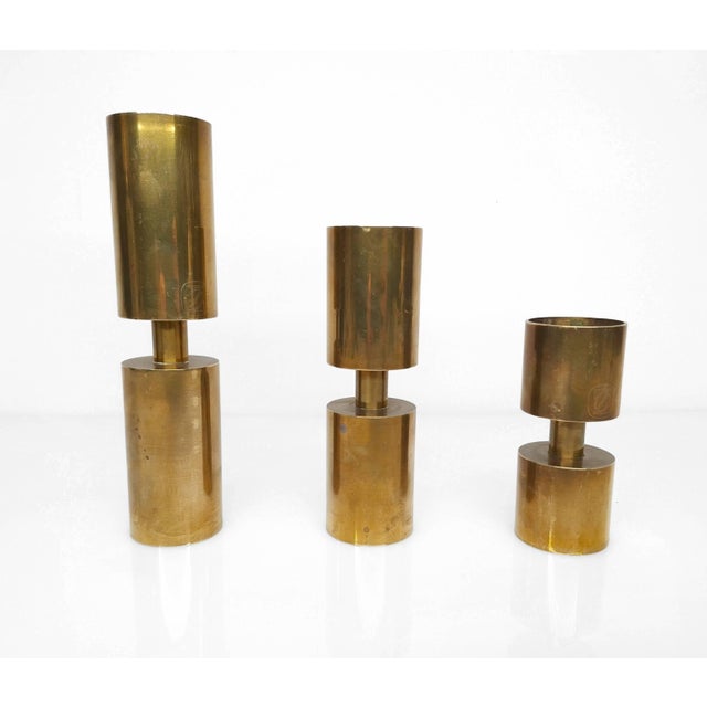 Scandinavian Candlesticks in Brass by Thelma Zoega, Sweden, 1976, Set of 3 For Sale - Image 3 of 7