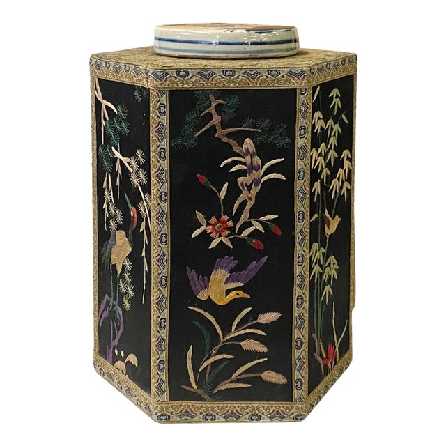 Chinese Black Hexagon Container Flower Birds Embroidery Porcelain Cover For Sale