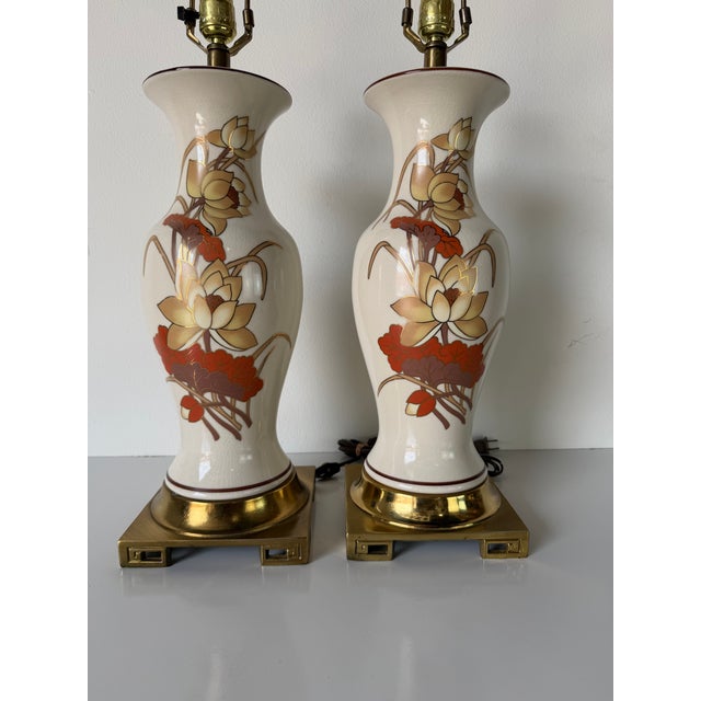 Metal 1970's Vintage Chinoiseries Style Floral Lotus Motif Ceramic Table Lamps - A Pair For Sale - Image 7 of 15