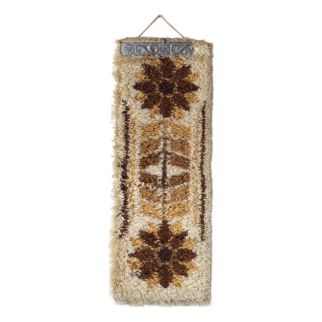 Vintage Scandinavian Wool Wall Rug with Metal Hanger For Sale