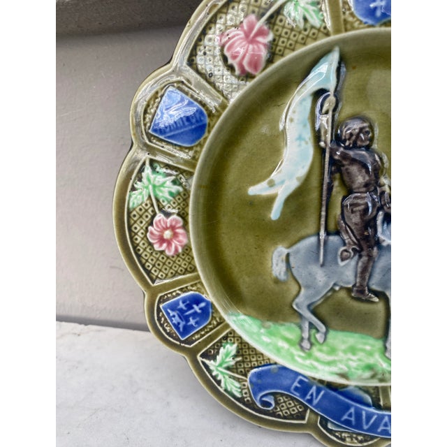 Rustic French Majolica Joan of Arc Plate Onnaing, Circa 1890 For Sale - Image 3 of 5