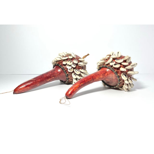 Tribal Pair of Dried Maasai Gourd Cowrie Shell Musical Shaker Percussion Instrument African Decor For Sale - Image 3 of 8