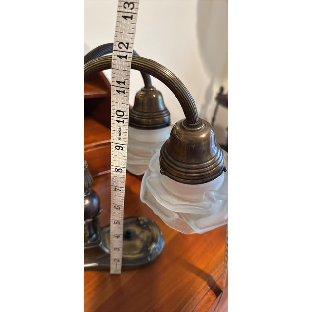 1940s Vintage Art Nouveau Double Gooseneck Lamp - White Frosted Rose Shades For Sale - Image 5 of 9
