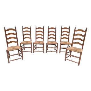 Antique French Country Ladderback Dining Chairs With Rush Seats- Set of 6 For Sale