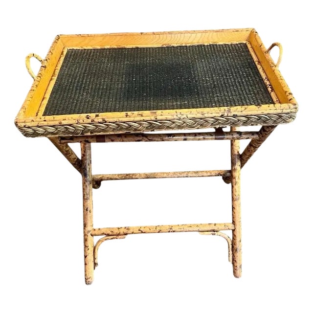 Vintage Faux Tortoiseshell Bamboo Folding Tray Table-Rattan-Butler Stand-Leather For Sale
