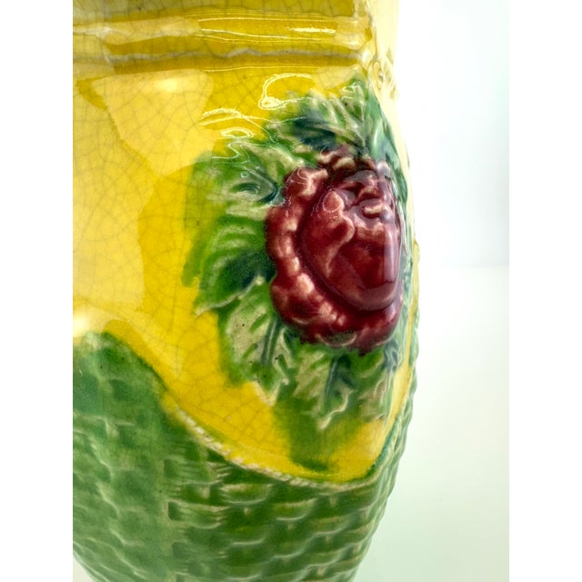 Vintage Japanese Majolica Style Strawberry Pitcher With Basketweave Base For Sale - Image 4 of 12