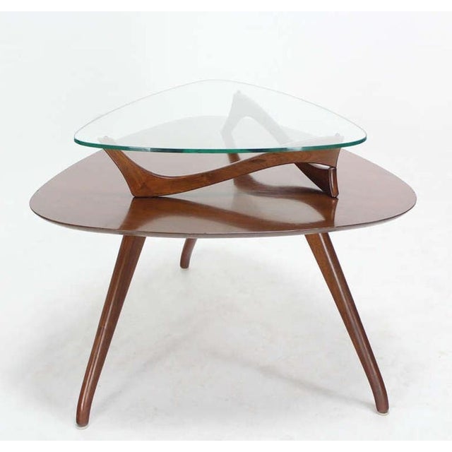 Wood Pair of Organic Shape Rounded Triangle End Tables with floating Glass Tops MINT For Sale - Image 7 of 9