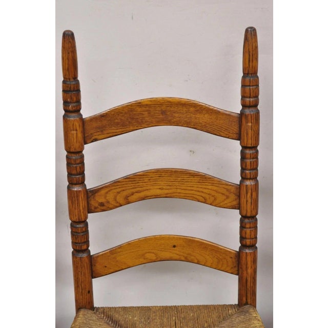 Antique Ladderback Primitive Rustic Oak Wood Rush Seat Dining Chairs - Set of 4 For Sale - Image 10 of 11