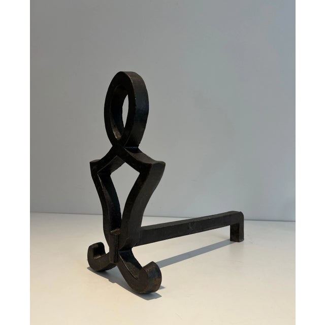 Black Modernist Cast Iron and Wrought Iron Andirons by Raymond Subes - A Pair For Sale - Image 8 of 13