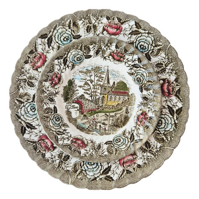 Vintage English Country Scenes Dessert Service from British Anchor, 1970s, Set of 7 For Sale