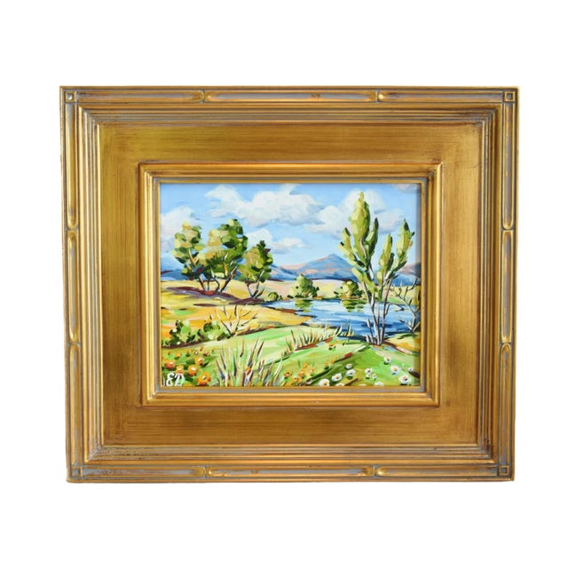 Cabin Impressionist Landscape & Pond Floral Oil Painting Including the Antiqued Gold Wood Frame For Sale - Image 3 of 7