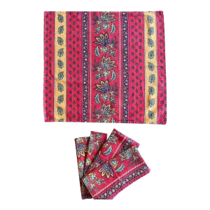 Vintage Red, Yellow & Blue Paisley Indian Print Cotton Dinner Napkins Set- 5 Pieces