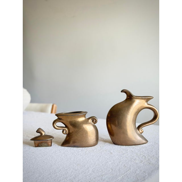 Vintage Michael Lambert Bronze Glazed Sculptural 2-Piece Tea Set Signed Studio Pottery Collection For Sale - Image 12 of 12