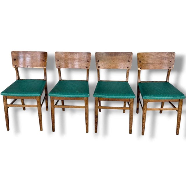 Vintage Oak Dining Chairs with Green Upholstered Seats, Set of 4 For Sale - Image 4 of 9
